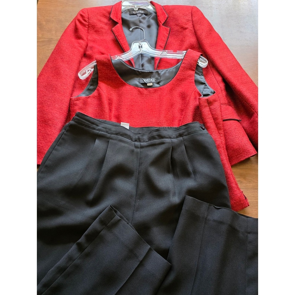 Kasper Womens 3 Piece Suit Set Red Blazer Shell Black Pants Size 12 Professional